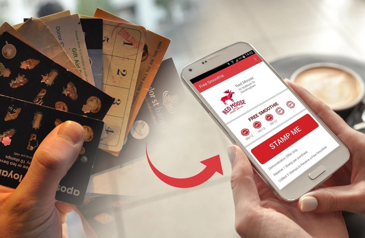 A hand holding a fan of old paper punch cards, with an arrow pointing to a phone showing a wallet loyalty pass.